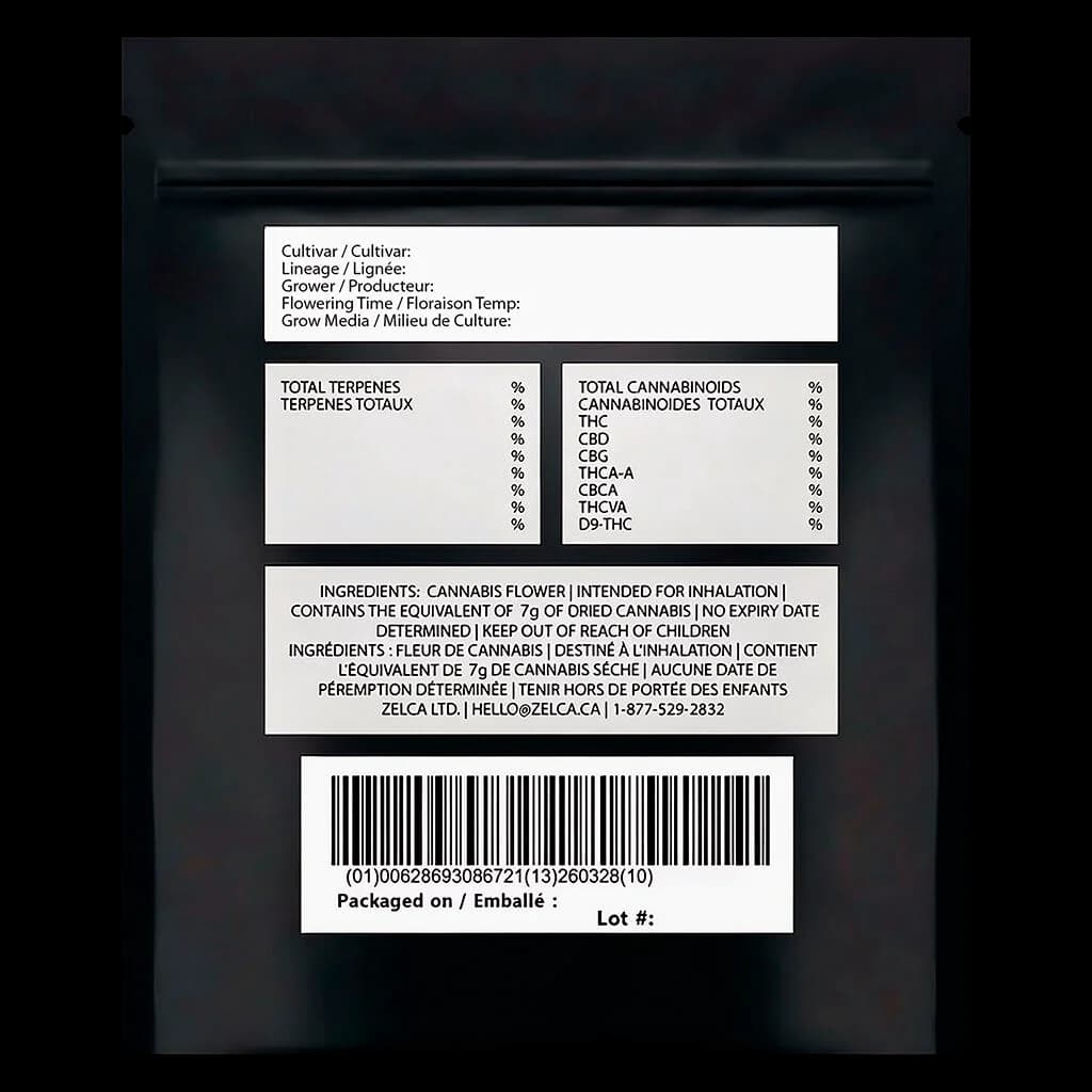 Tiki Madman Breeders Stash 7g cannabis dried flower package rear label showing cannabinoid potency, terpene profile, and Health Canada compliance information