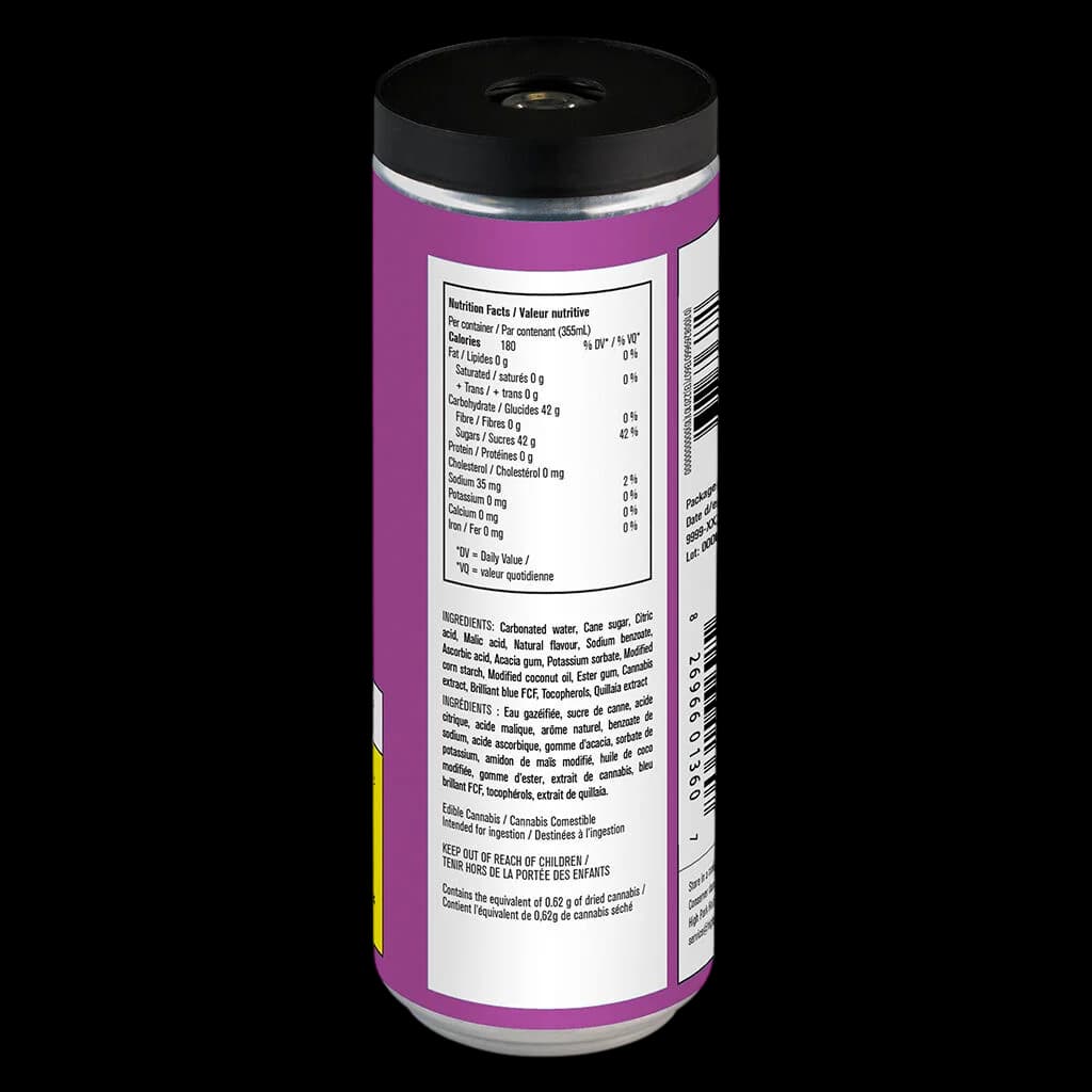 M*ry Jones Grape cannabis beverage can with nutrition facts and bilingual ingredient list visible on purple and white label