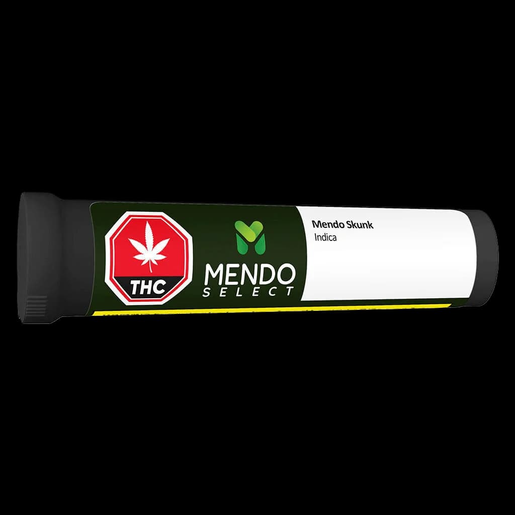Mendo Select Mendo Skunk Indica pre-roll in black tube with red THC badge and green label