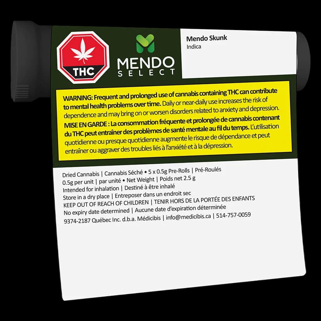 Mendo Select Mendo Skunk Indica pre-roll package, 5 × 0.5g pre-rolls, 2.5g net weight