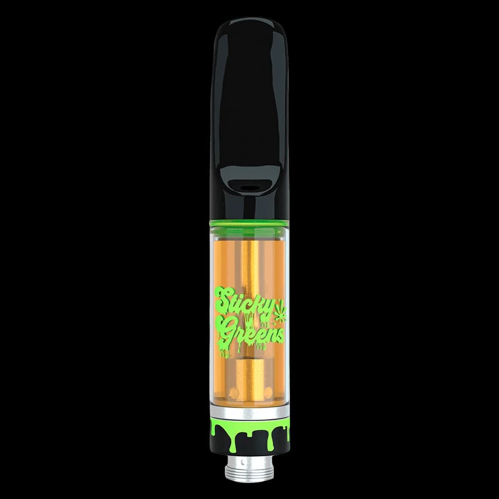 Sticky Greens Liquid Diamond Blend 510 thread vape cartridge with black mouthpiece, amber distillate, and neon green branding