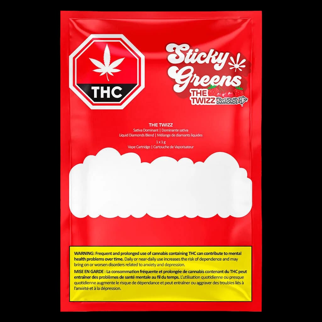 Sticky Greens The Twizz cannabis vape cartridge packaging, 1x1g liquid diamonds blend, sativa dominant, red front with THC warning symbol