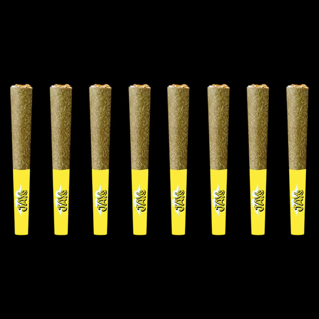 Paquet de 8 pré-roulés Jays Diamond Infused Hawaiian Za avec embouts filtres jaunes et enveloppe de fleur de cannabis