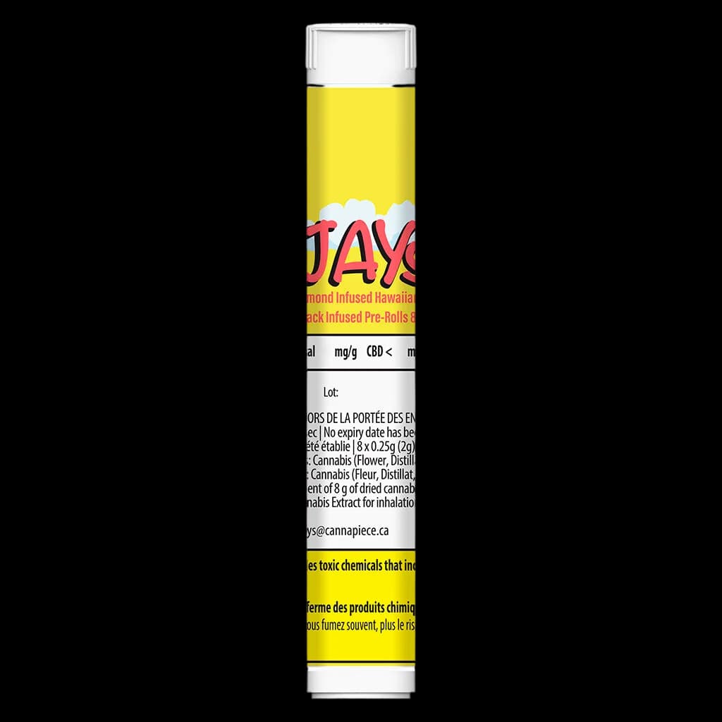 Pré-roulés infusés Jays Diamond Infused Hawaiian Za en emballage de 8 x 0,25 g avec emballage jaune et étiquetage réglementaire