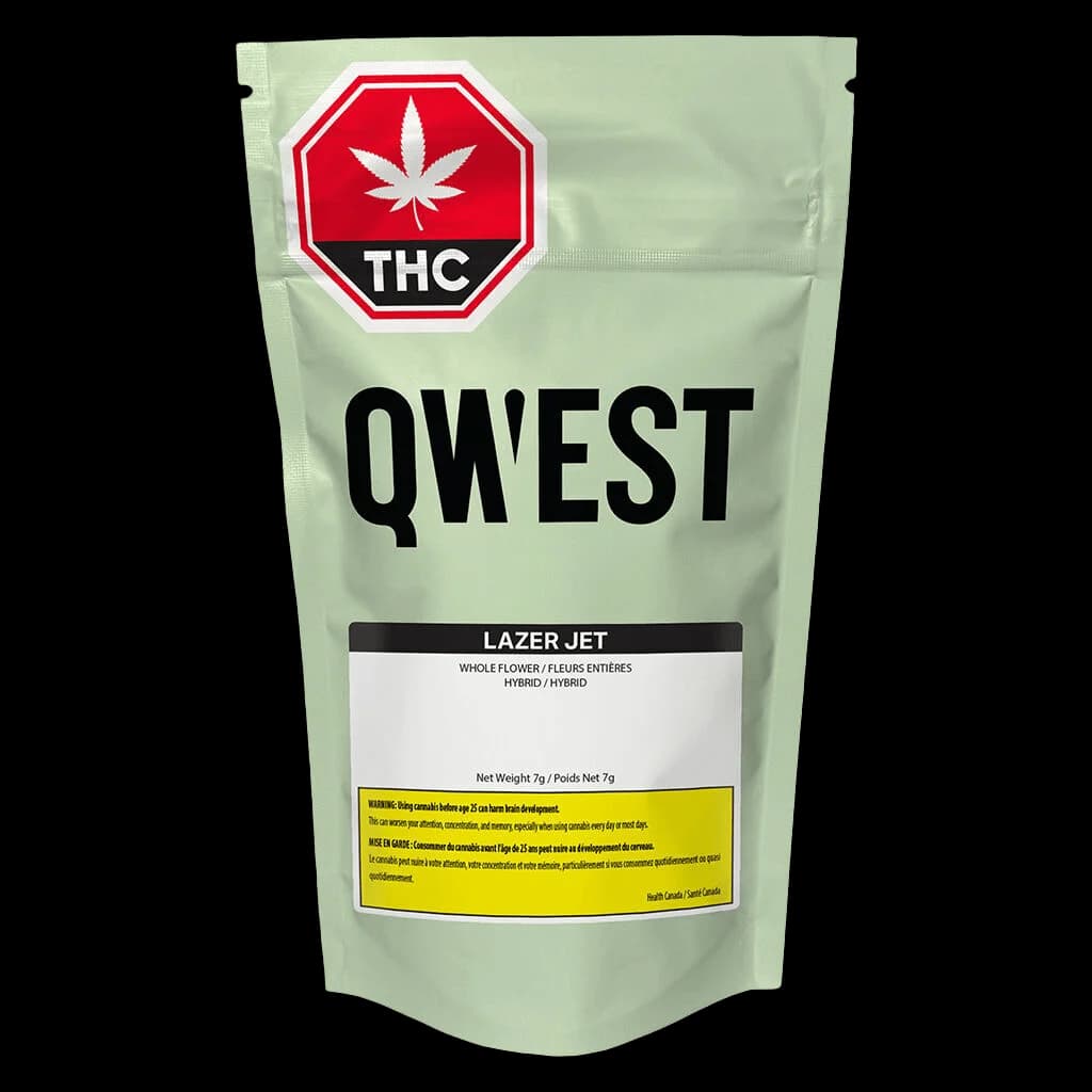 Qwest Lazer Jet hybrid whole flower cannabis dried flower pouch, 7g net weight