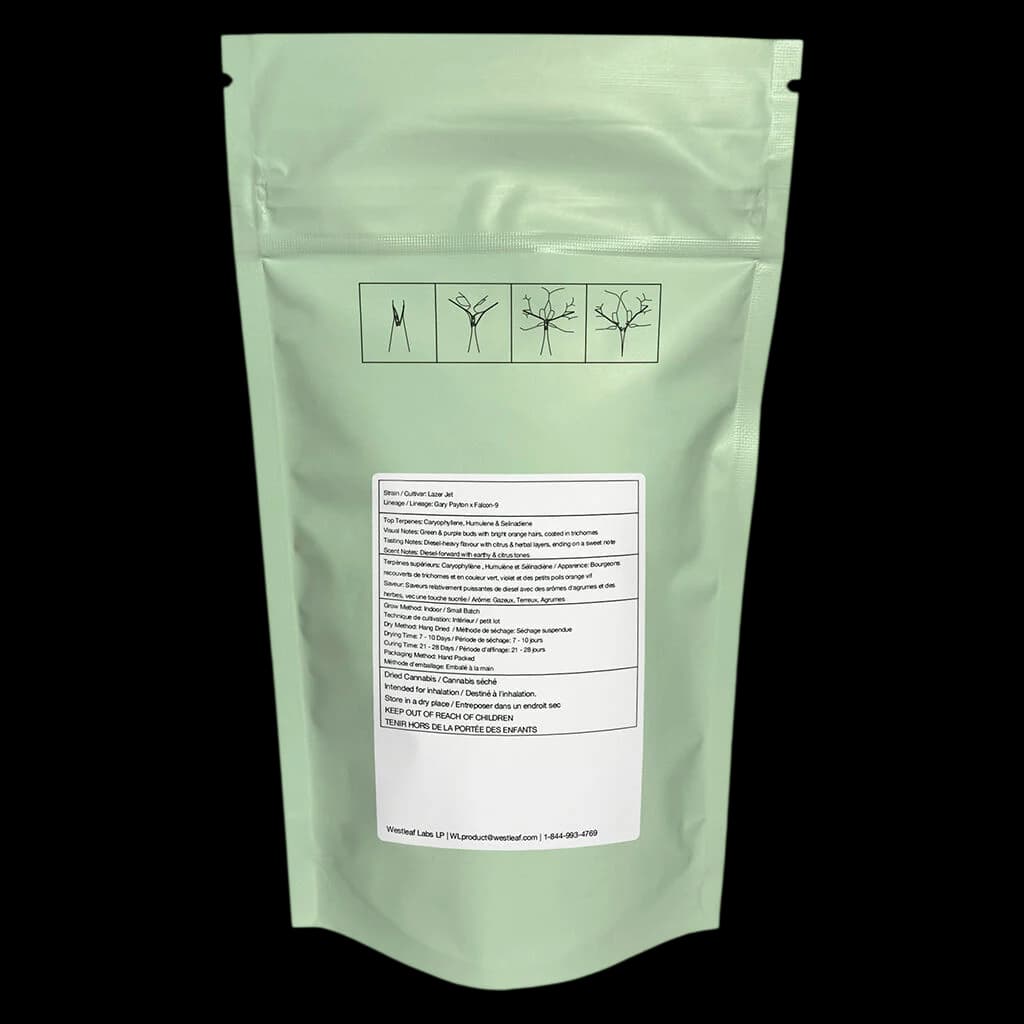 Qwest Lazer Jet Craft Whole Flower cannabis dried flower pouch with plant growth stage icons and regulatory label