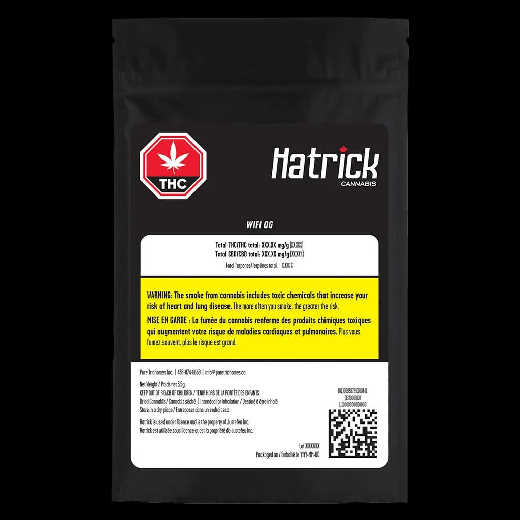 Emballage avant de fleurs de cannabis séché Hatrick Wifi OG avec symbole d'avertissement THC rouge, détails sur la puissance et étiquette d'avertissement de Santé Canada