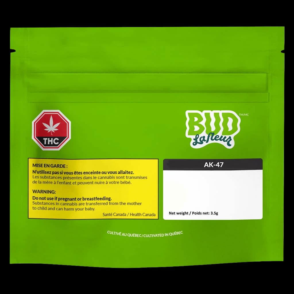 Bud Lafleur AK-47 3.5g cannabis dried flower package, bright green pouch with THC symbol and Health Canada warning label