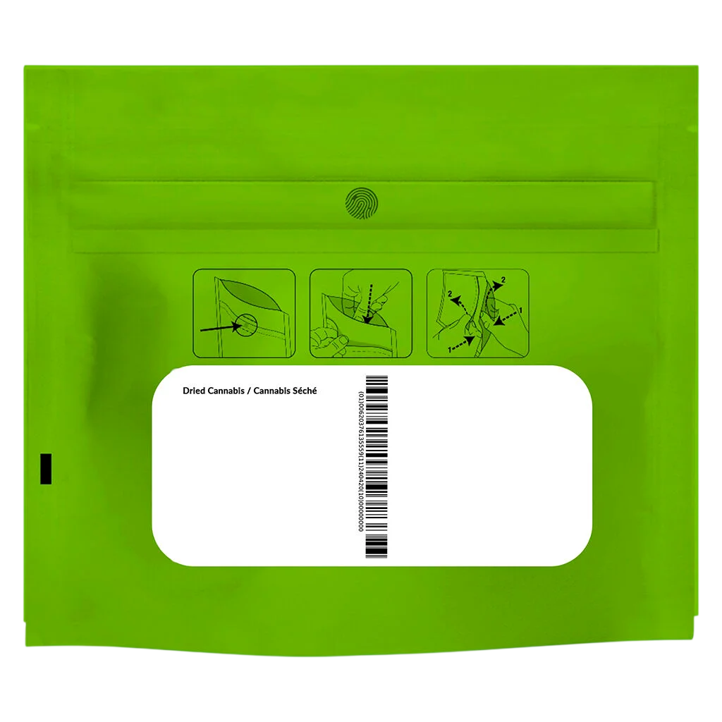 Bud Lafleur AK-47 dried cannabis flower packaging, bright green with instructional icons and barcode