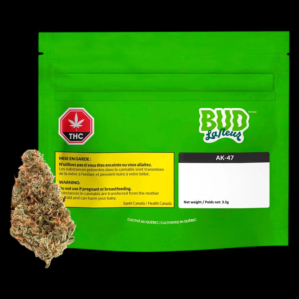 Bud Lafleur AK-47 cannabis dried flower, 3.5g, shown with green packaging and Health Canada warning label