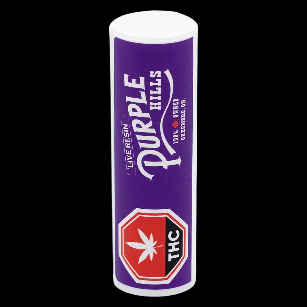 Liveresin Purple Hills Red Hot C 510 thread vape cartridge with white cap and purple packaging