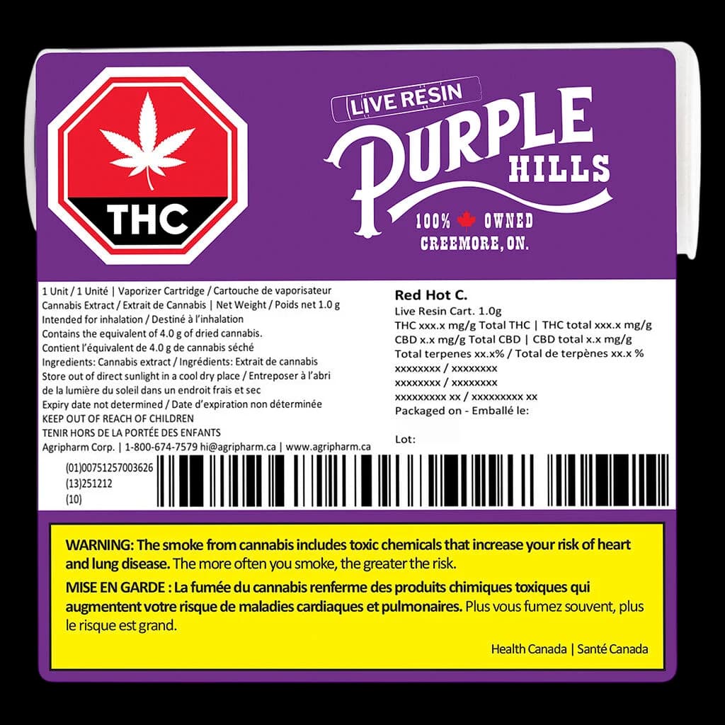 Purple Hills Red Hot C. live resin vape cartridge, 1.0g, 510 thread with THC warning label and Health Canada regulatory information on purple packaging