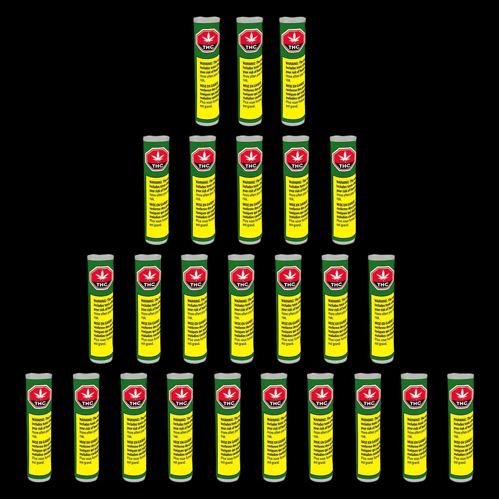 Color Cannabis pre-roll tubes with green and yellow packaging, red THC logo, and Health Canada warning labels, displayed in grid layout