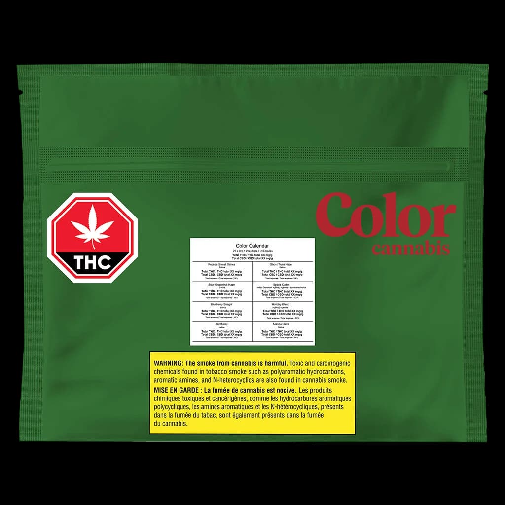 Color Cannabis Color Calendar pre-roll package back with THC warning symbol, strain information table, and Health Canada warning label