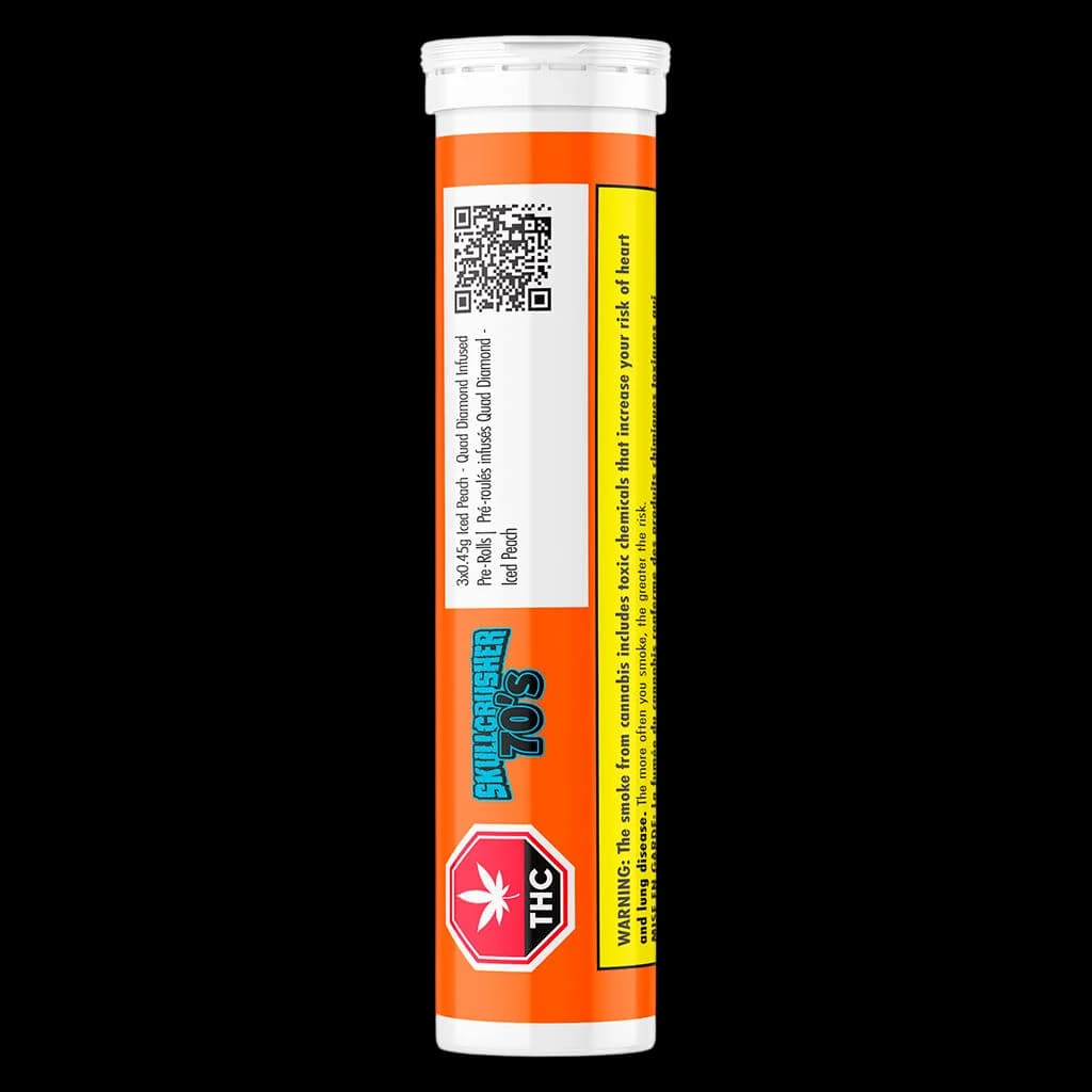 Emballage en tube orange du pré-roulé Iced Peach Quad Diamond Infused de Skullcrusher 70's, avec code QR et étiquette d'avertissement THC