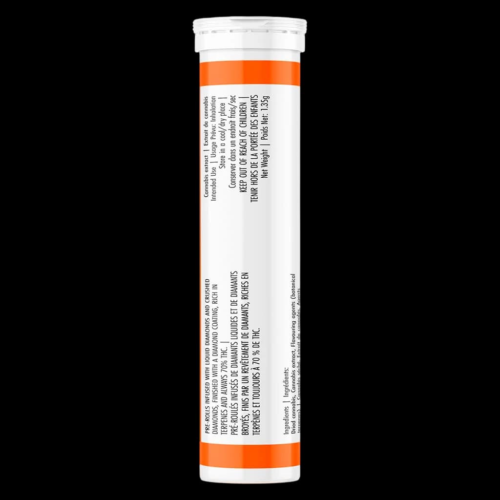 Tube de pré-roulé Iced Peach Quad Diamond infusé de Skullcrusher 70's avec bande orange et mentions réglementaires visibles