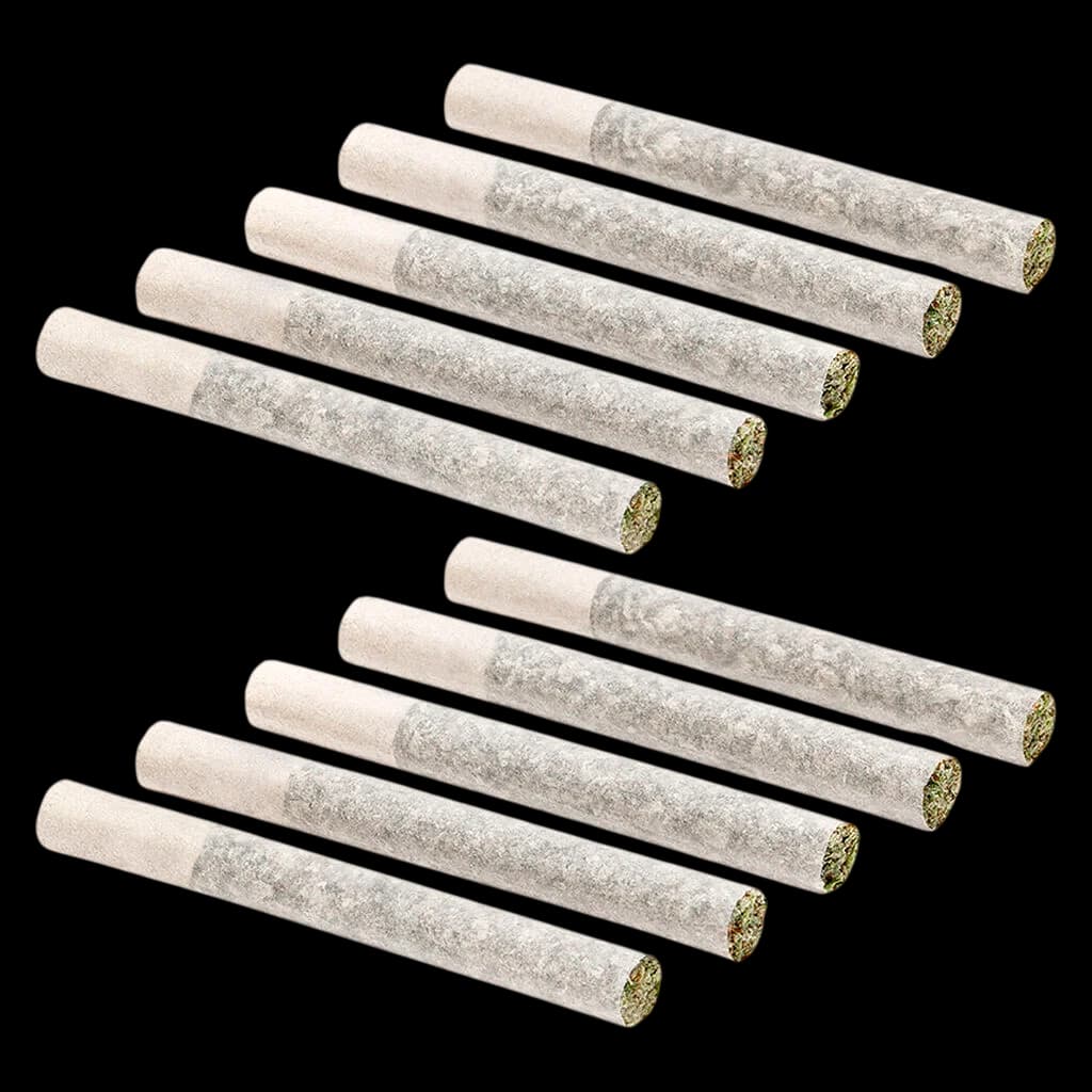 Victoria Cannabis Company G-Wagon pre-rolls, 10-pack with visible cannabis flower in rolling paper tubes