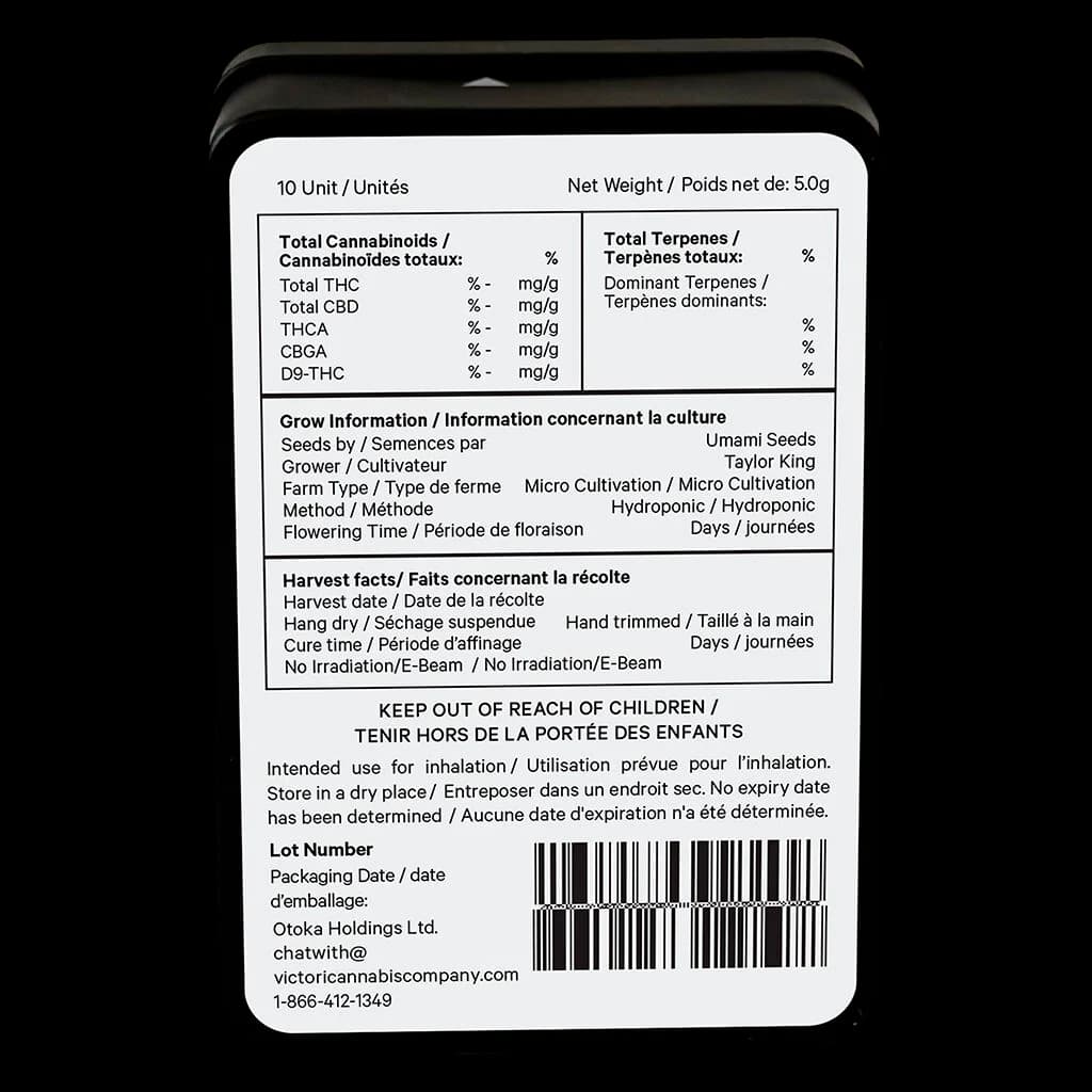 G-Wagon pre-roll pack rear label showing 10-unit, 5.0g net weight, cannabinoid and terpene testing tables, grow and harvest information, and regulatory details from Otoka Holdings Ltd.