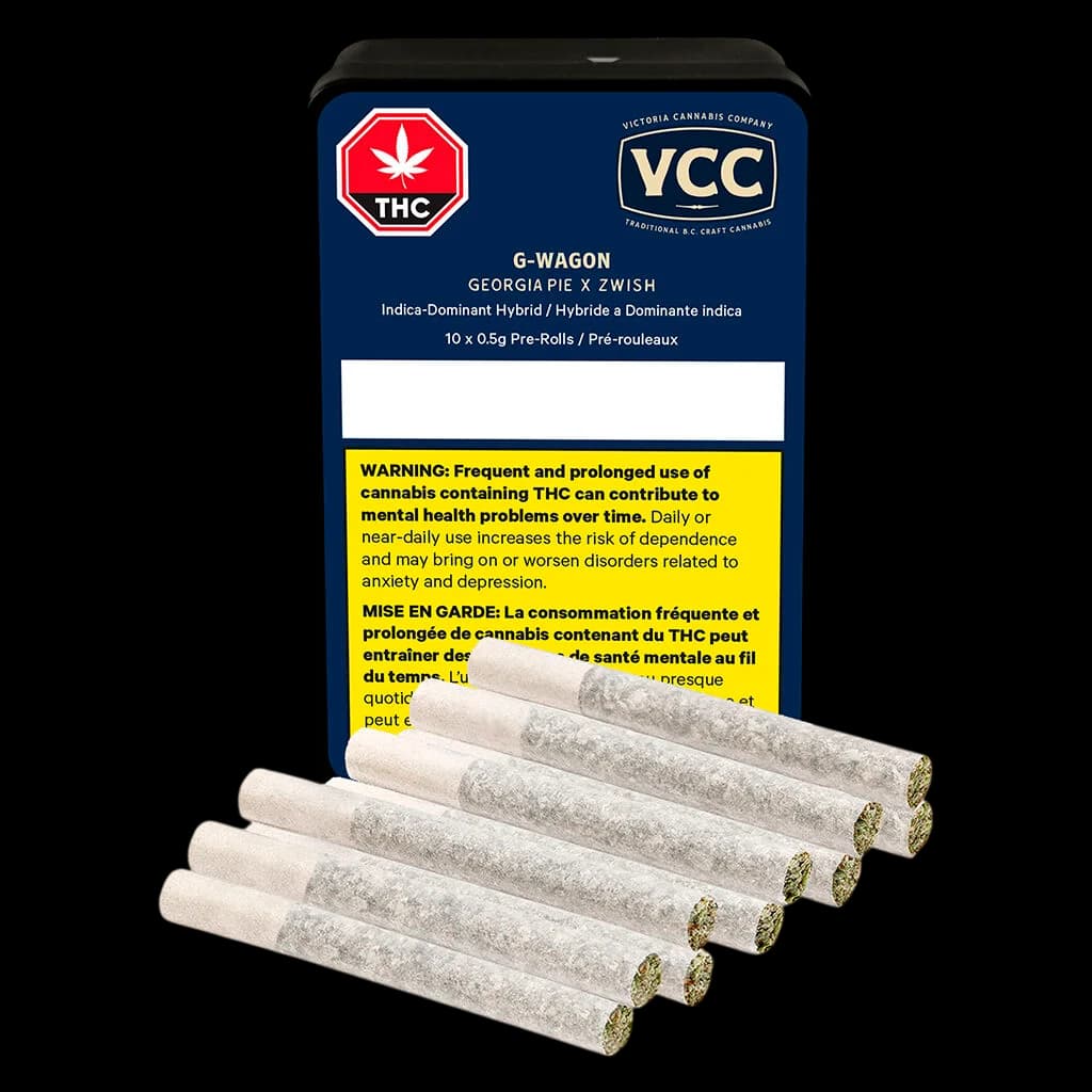 VCC G-Wagon pre-roll pack, Georgia Pie x Zwish strain, 10 x 0.5g indica-dominant hybrid pre-rolls with packaging