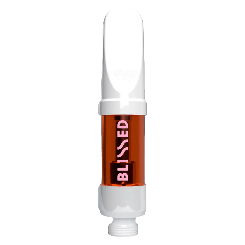 Blissed Breathe Raspberry Lemonade 2:1 CBD cannabis vape cartridge with white mouthpiece and orange label on 510 thread