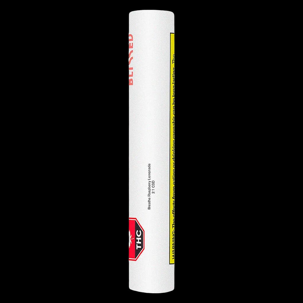 Blissed Breathe Raspberry Lemonade 2:1 CBD cannabis vape cartridge with yellow warning label