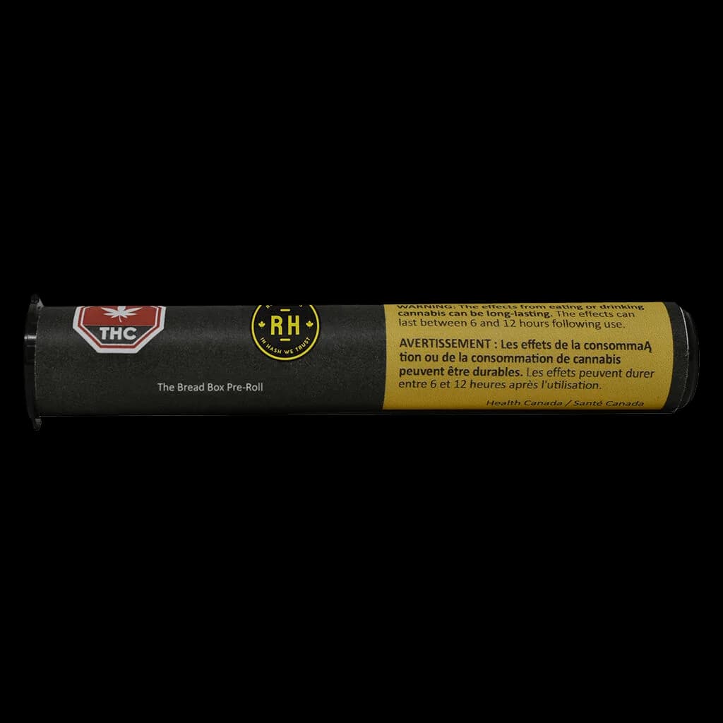 La pré-roll The Bread Box de Rosin Heads dans un emballage tubulaire noir avec étiquette d'avertissement THC et avis bilingue de Santé Canada