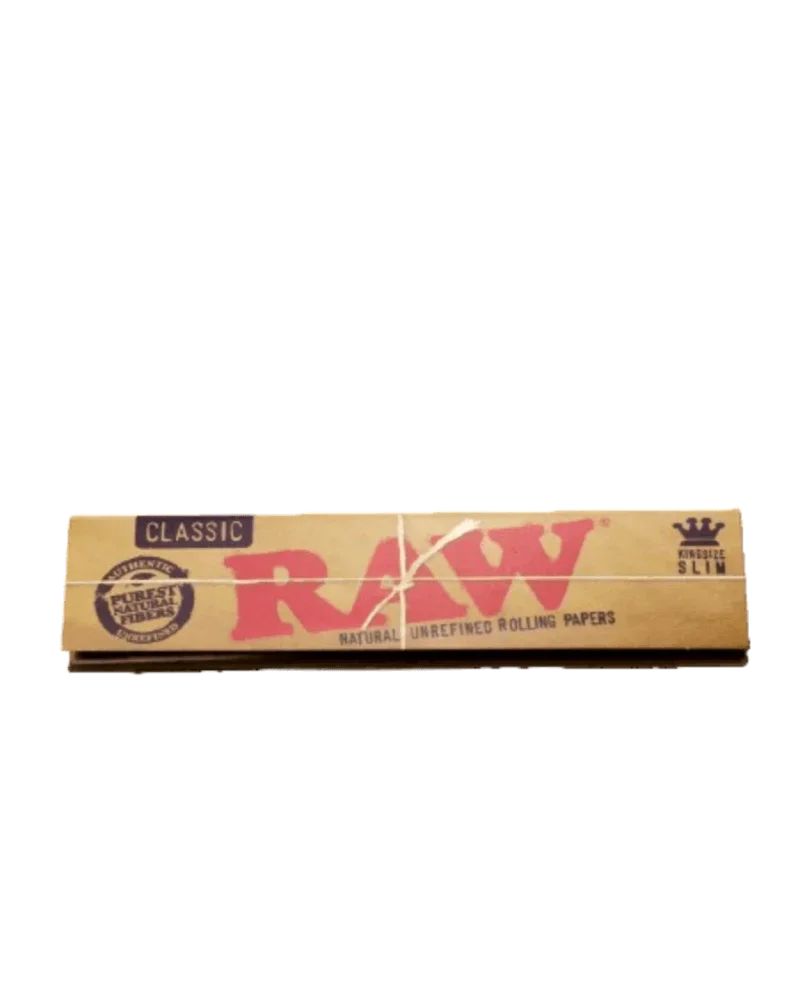 Paquet de feuilles à rouler non raffinées Raw Classic King Slim naturelles avec emballage beige et rouge
