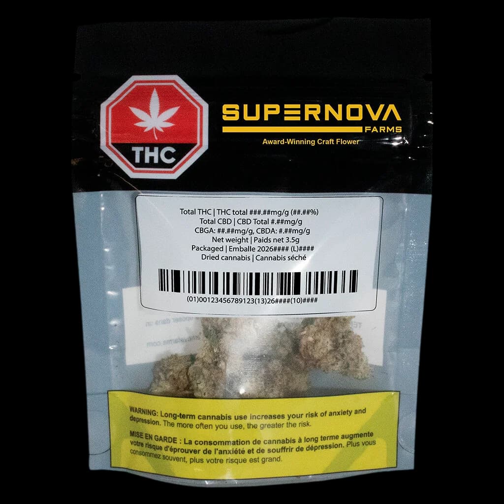 Supernova Farms dried cannabis flower in 3.5g pouch with red THC warning symbol and yellow Health Canada warning label