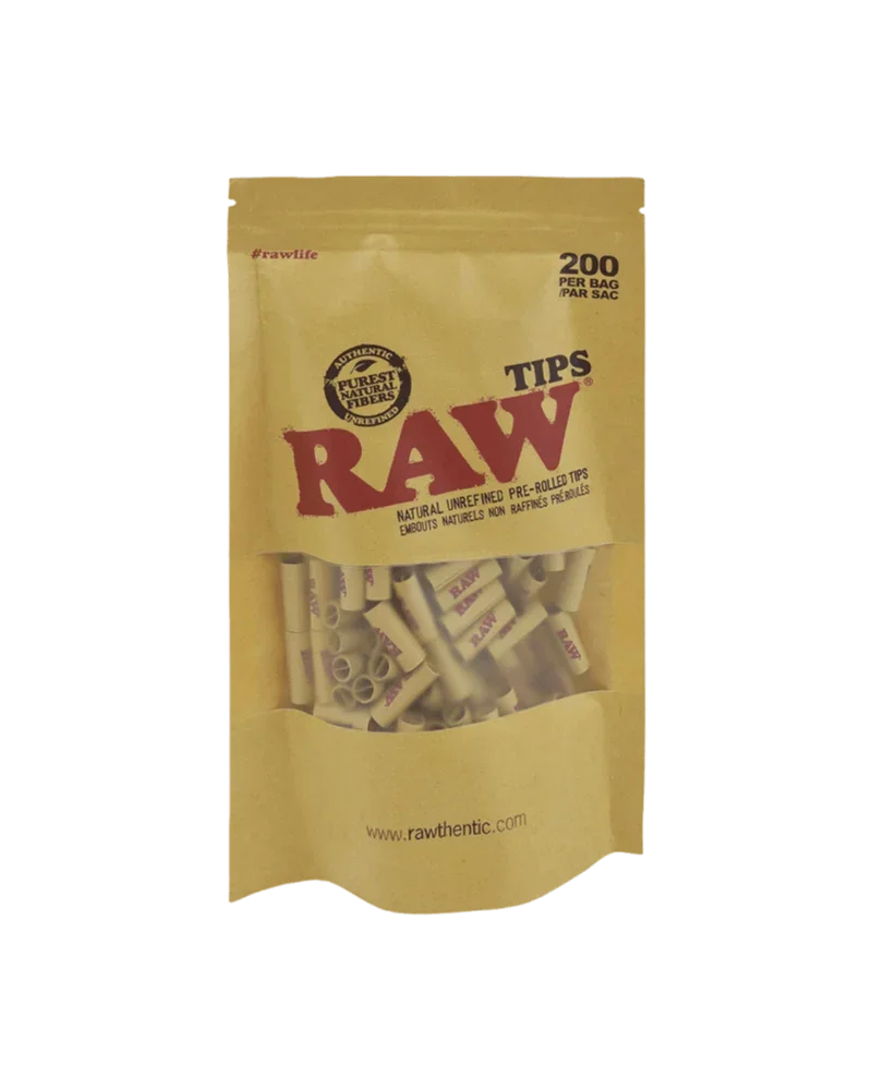 RAW natural unrefined pre-rolled tips, 200 pack in kraft pouch with window display