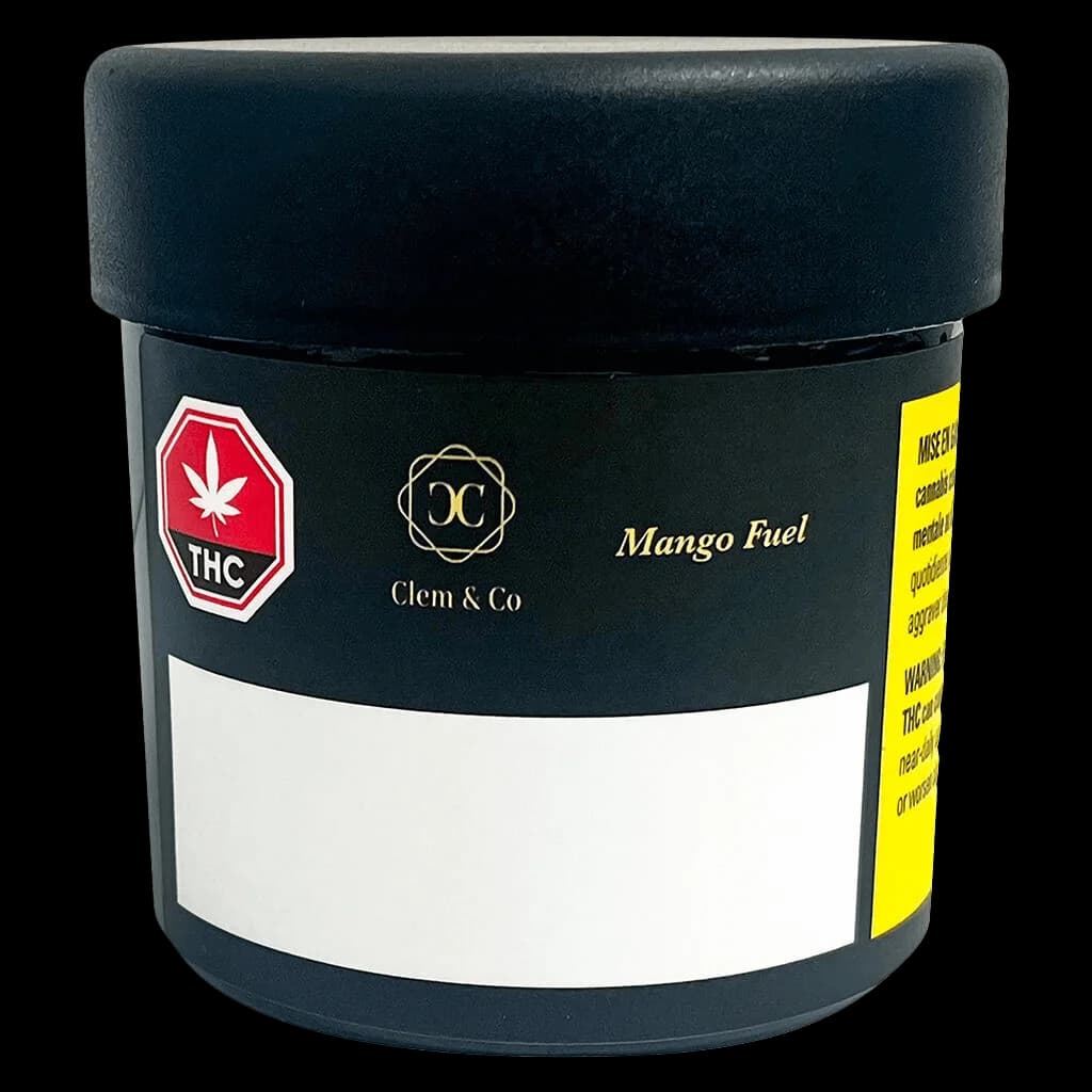 Clem & Co Mango Fuel cannabis dried flower in dark glass jar with black lid and THC warning label