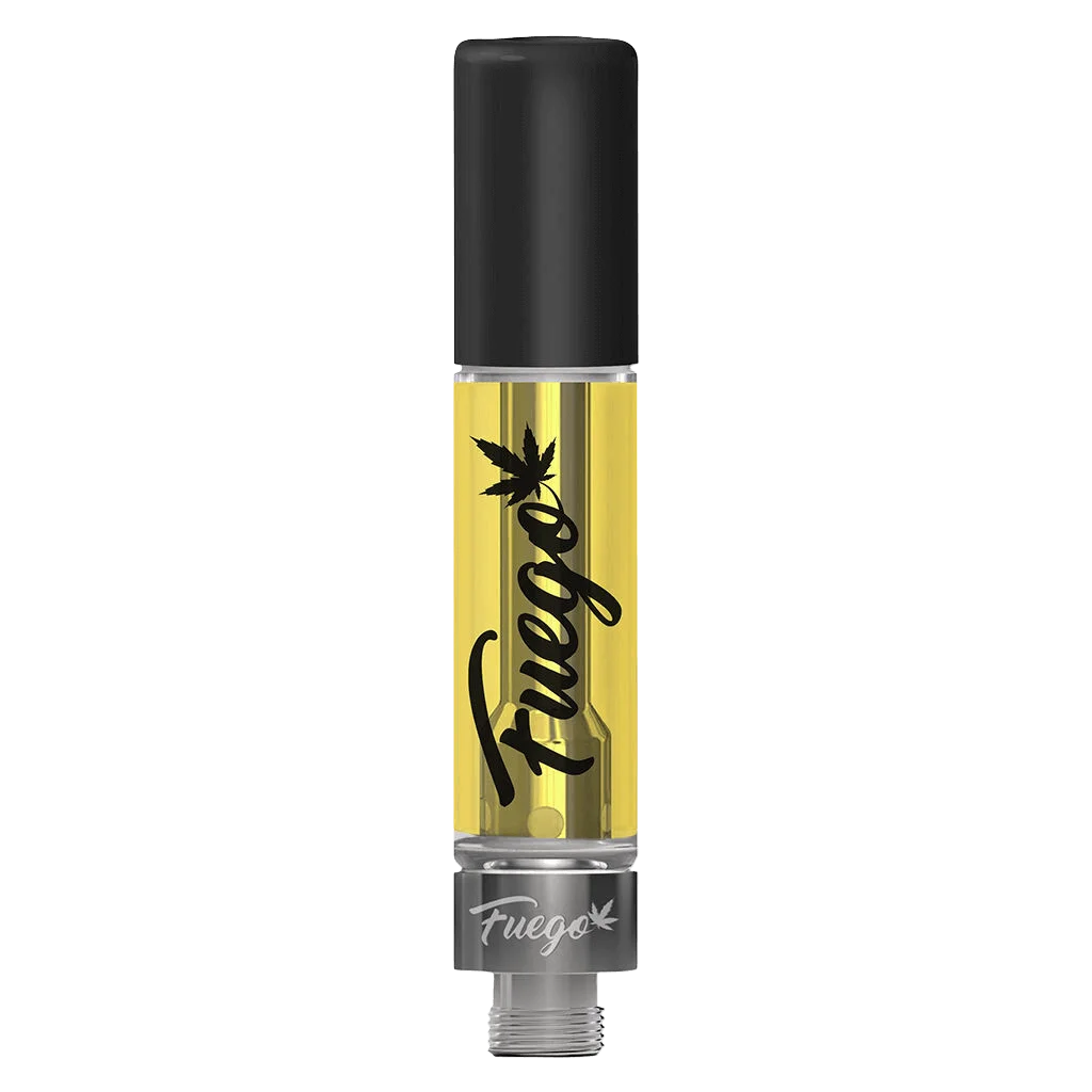 Fuego Red Maui Wowie Liquid Diamond cannabis vape cartridge with yellow oil, black cap, and 510 thread base