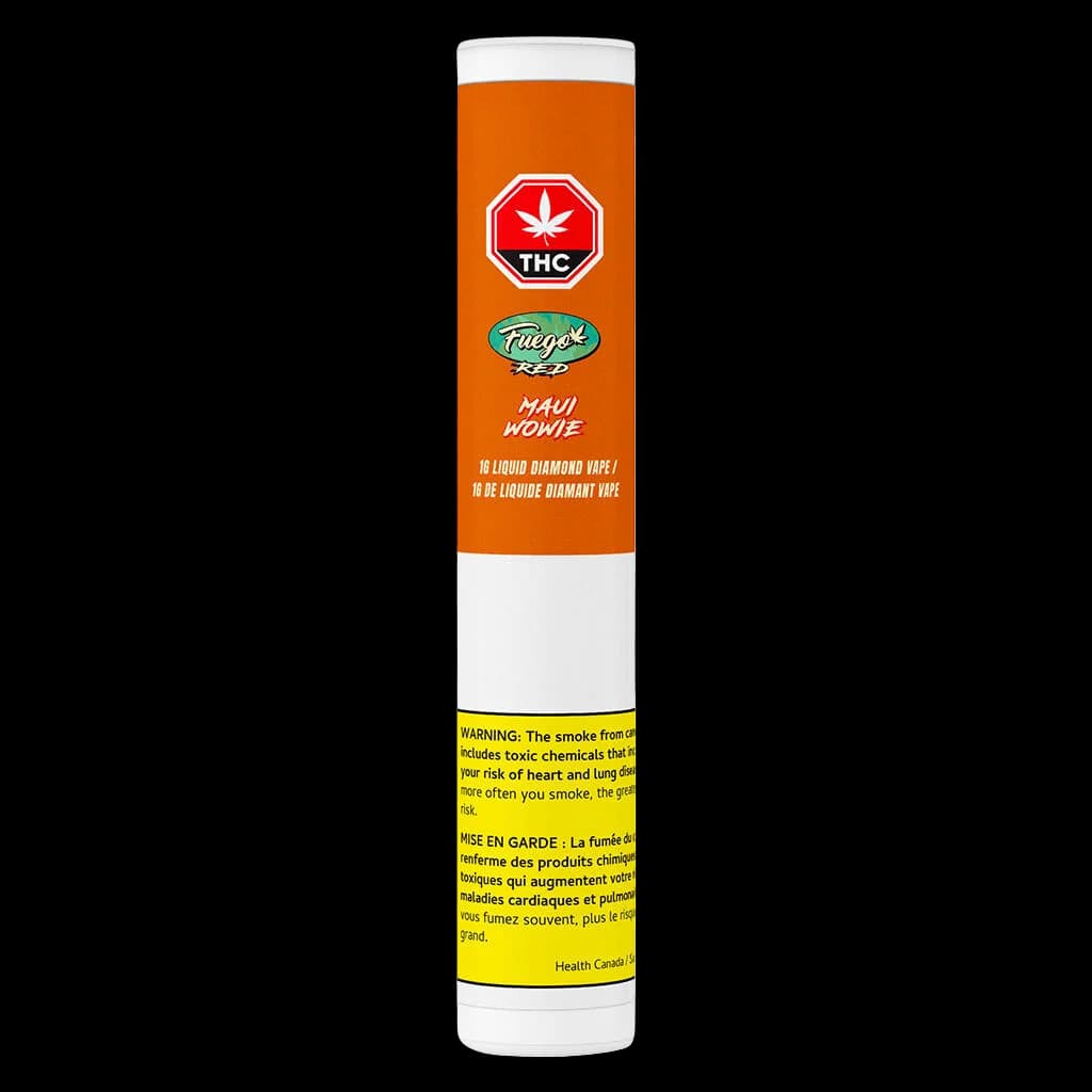 Fuego Red Maui Wowie 1g Liquid Diamond cannabis vape cartridge with orange packaging and Health Canada warning label