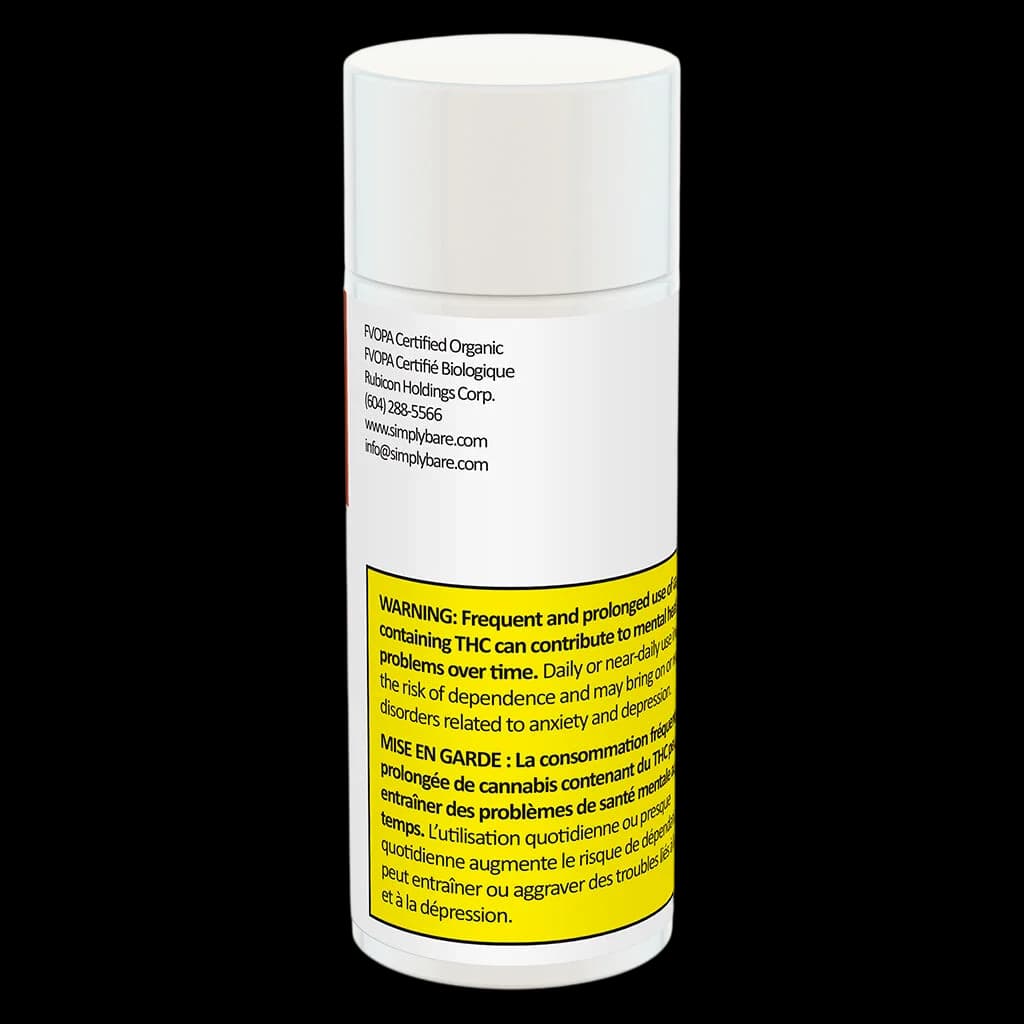 Emballage de pré-roulé Simply Bare BC Organic Fruit Loopz avec étiquette d'avertissement jaune de Santé Canada et certification biologique RCOPA