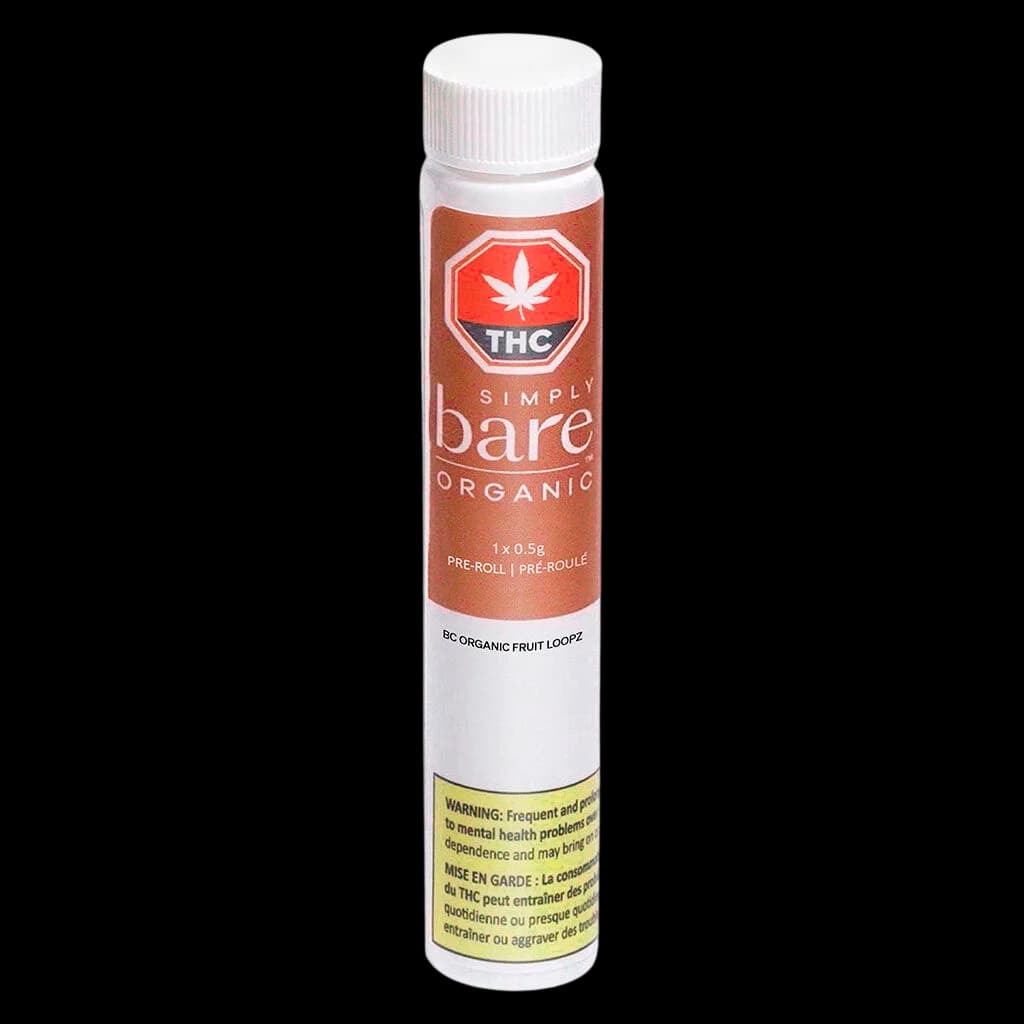 Pré-roulés Simply Bare BC Organic Fruit Loopz, paquet de 10, 0,35 g chacun, dans un tube cylindrique blanc avec étiquette THC rouge