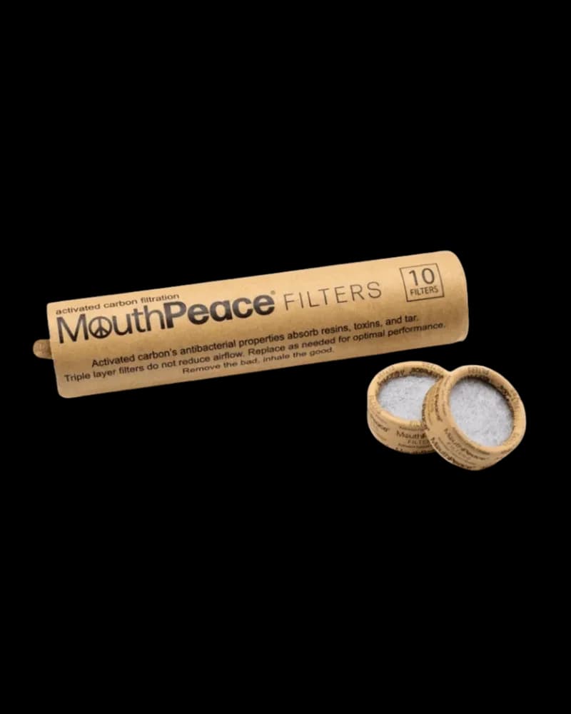 MouthPeace activated carbon filters 10-pack with triple layer filtration, two individual filters displayed