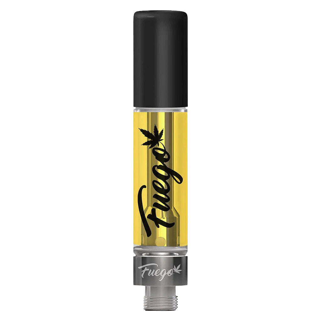 Cartouche de vapotage cannabis Fuego Fruit Utopia avec huile dorée et capuchon noir, connecteur 510 filetages