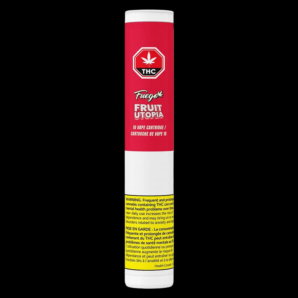 Cartouche de vapotage de cannabis Fuego Fruit Utopia de 1 g avec emballage rouge, symbole THC octagonal blanc et étiquette d'avertissement jaune de Santé Canada