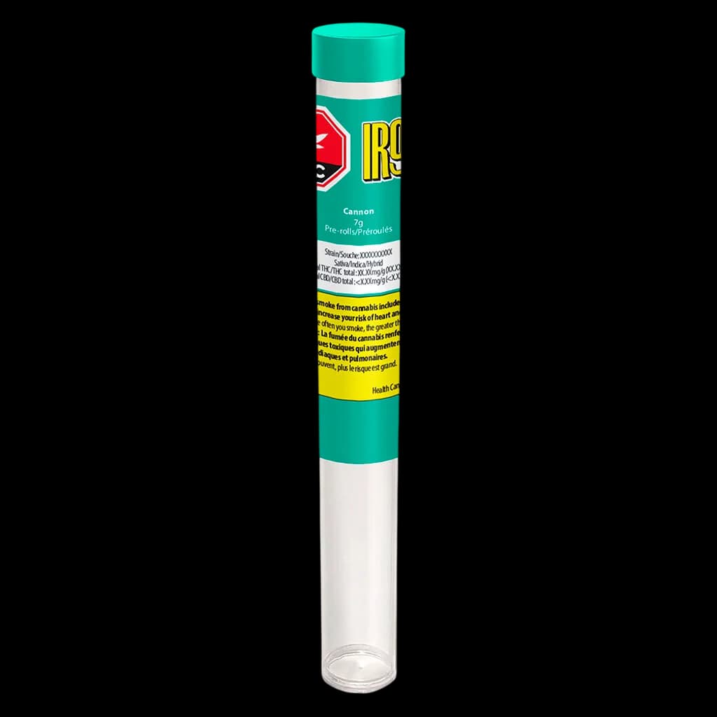 Irony Cannon 7g pre-roll pack with green and white tube packaging and yellow health warning label