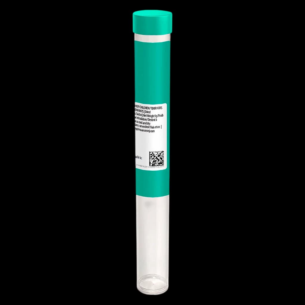 Irony Cannon pre-roll in turquoise and white tube packaging with label and QR code