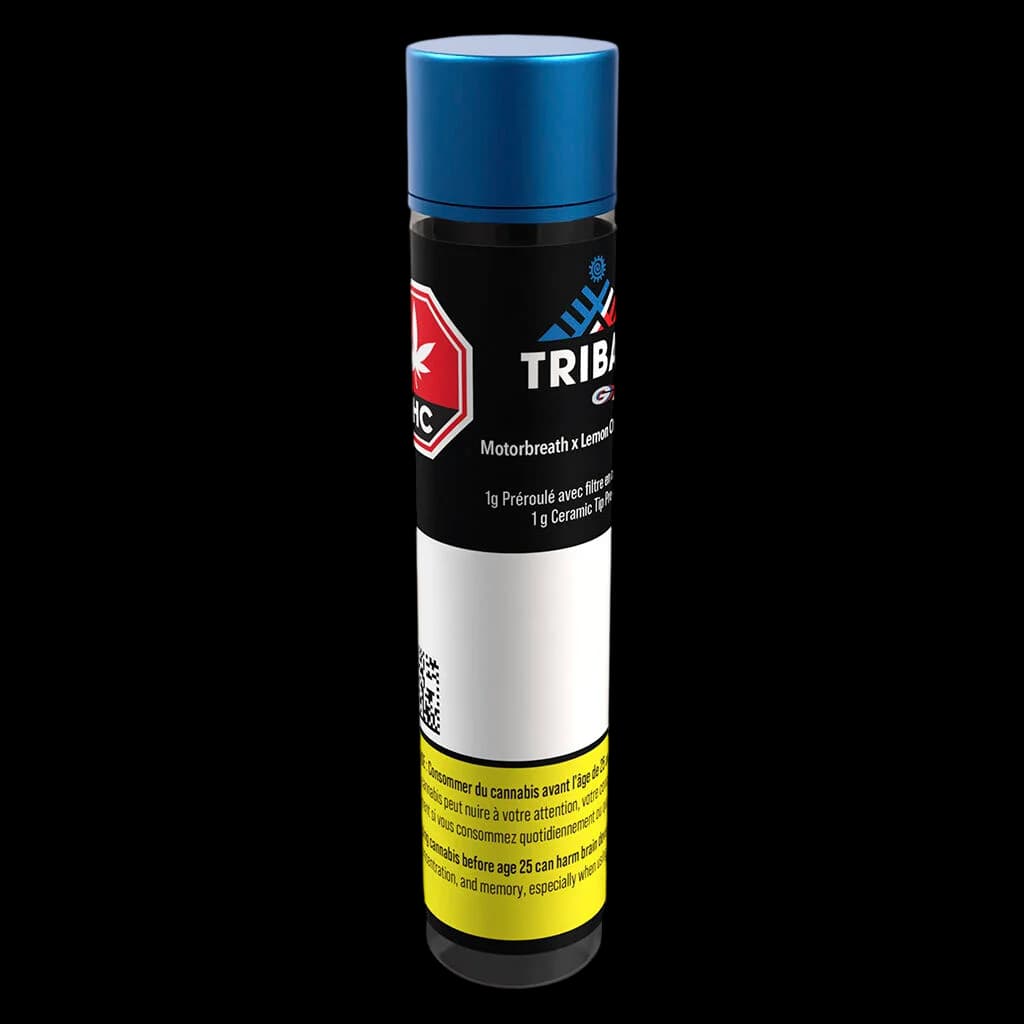 Tribal GT Motorbreath x Lemon pre-roll with ceramic tip, 1g, black and white packaging with blue cap