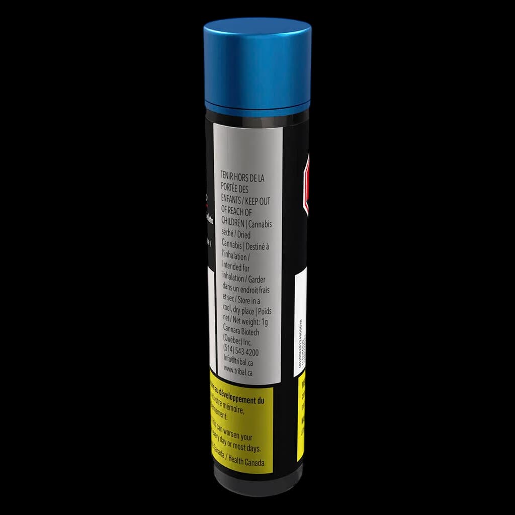 Tribal GT Ceramic Tip Pre-Roll 1g with blue cap, black body, gray label, and yellow Health Canada warning band