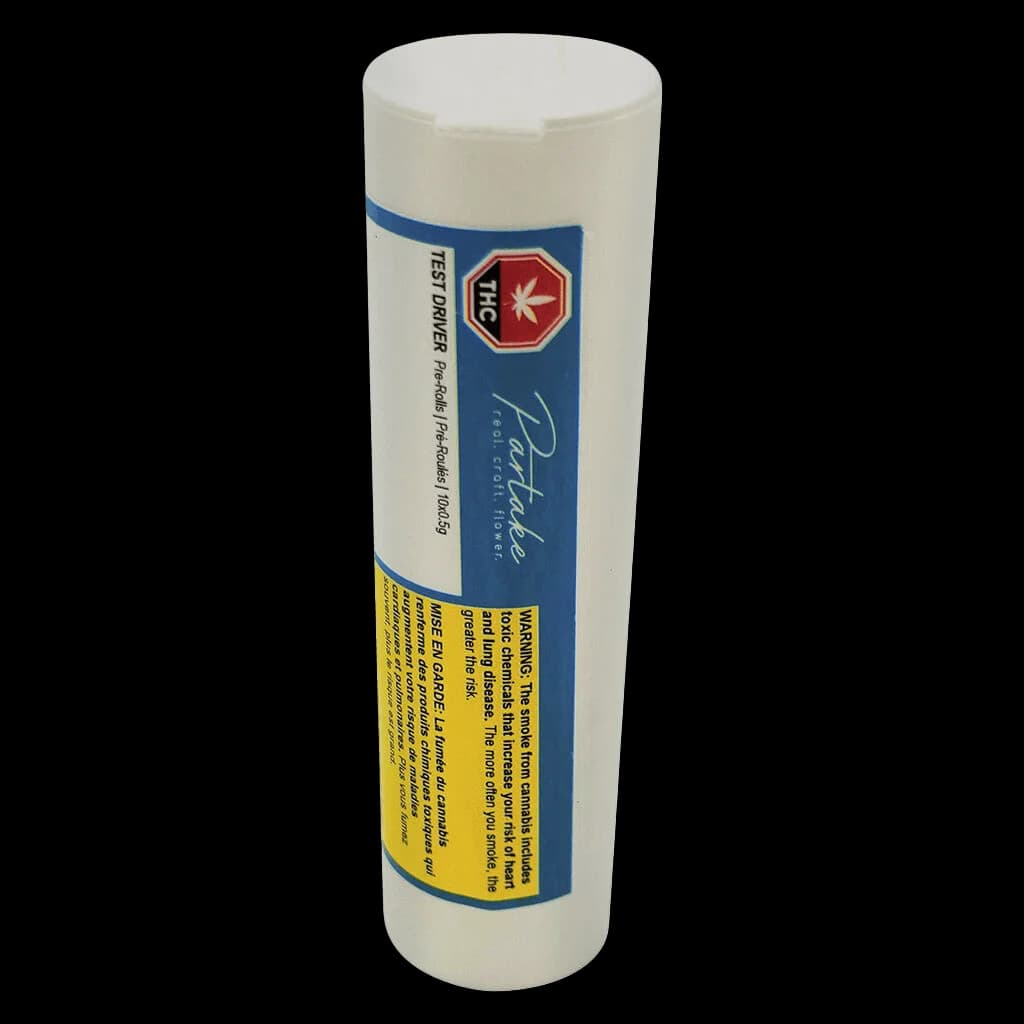 Partake Test Driver pre-roll pack with white tube, blue and yellow label, THC warning symbol
