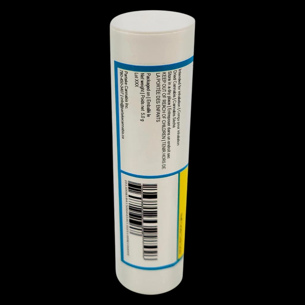 Partake Test Driver pre-roll pack with blue and yellow label design, barcode visible on lower section