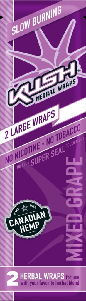 Kush Herbal Wraps Grape flavor, 2 large wraps per pack, slow burning with Canadian hemp