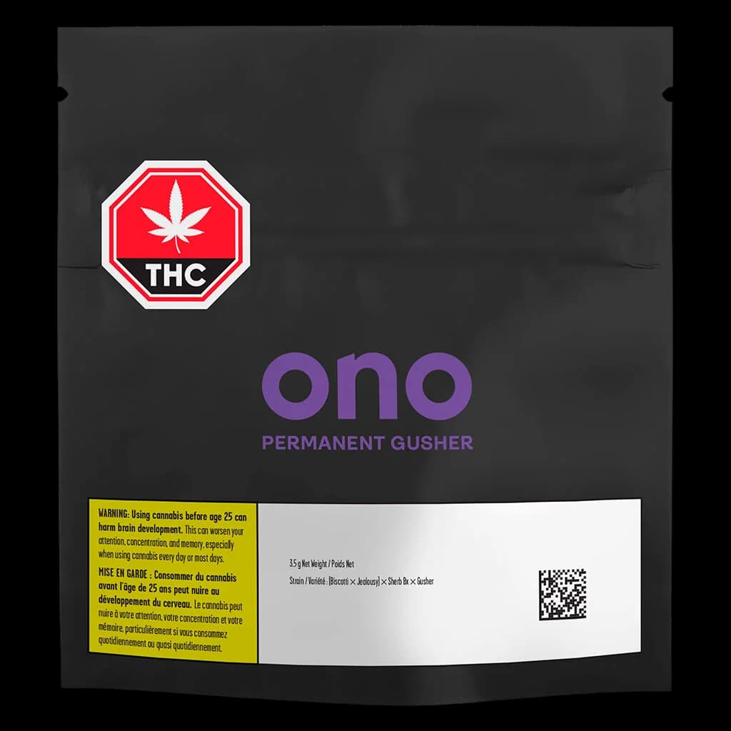 ONO Permanent Gusher 3.5g cannabis dried flower package with red THC warning symbol and yellow Health Canada warning label on black pouch