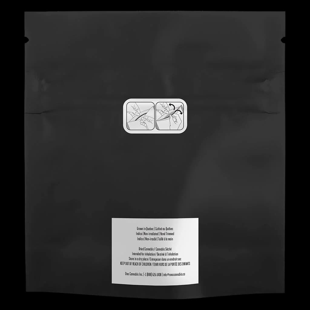 ONO Cannabis Permanent Gusher dried flower in black stand-up pouch with dual-panel strain illustration label