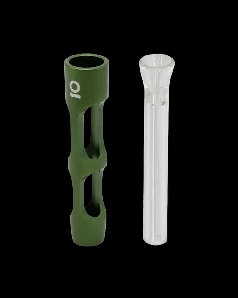 Porte-cartouche de vapoteuse à cannabis vert avec logo blanc et cartouche en verre transparent affichés côte à côte