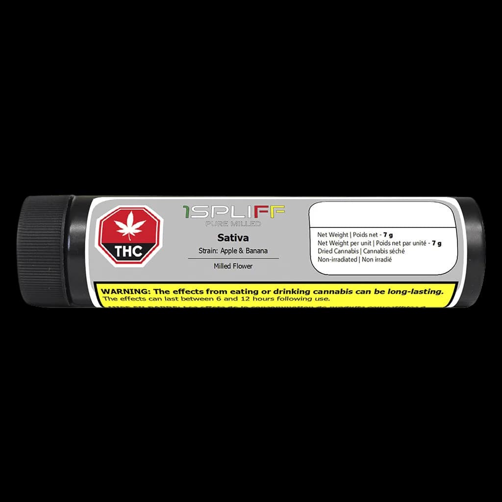 Fleur moulue Sativa Pomme et Banane 1Spliff Pure Milled, 7 g, avec étiquette d'avertissement THC et réglementation de Santé Canada sur l'emballage en tube