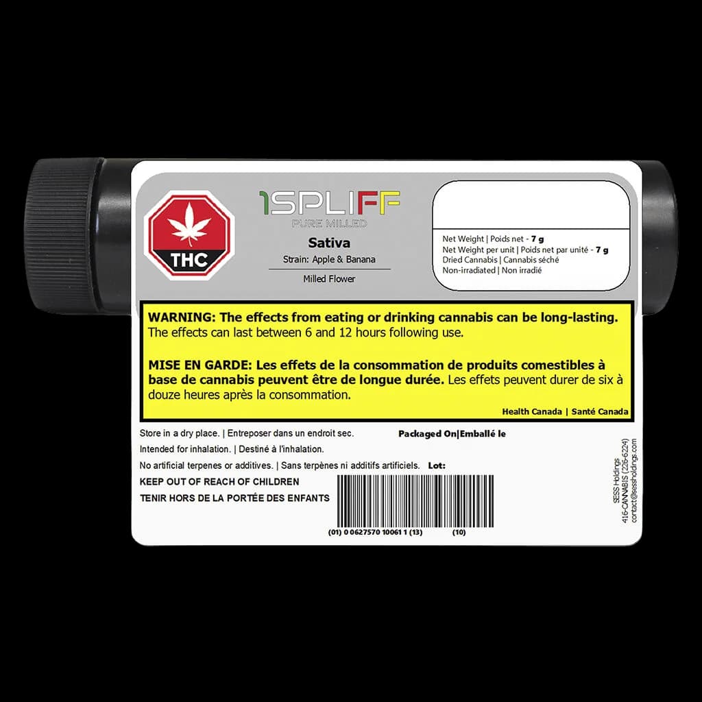 Fleur moulue Sativa Pomme et Banane Pure Milled de 1Spliff, pot de 7 g avec couvercle noir, étiquette avant affichant le symbole THC et l'avertissement de Santé Canada