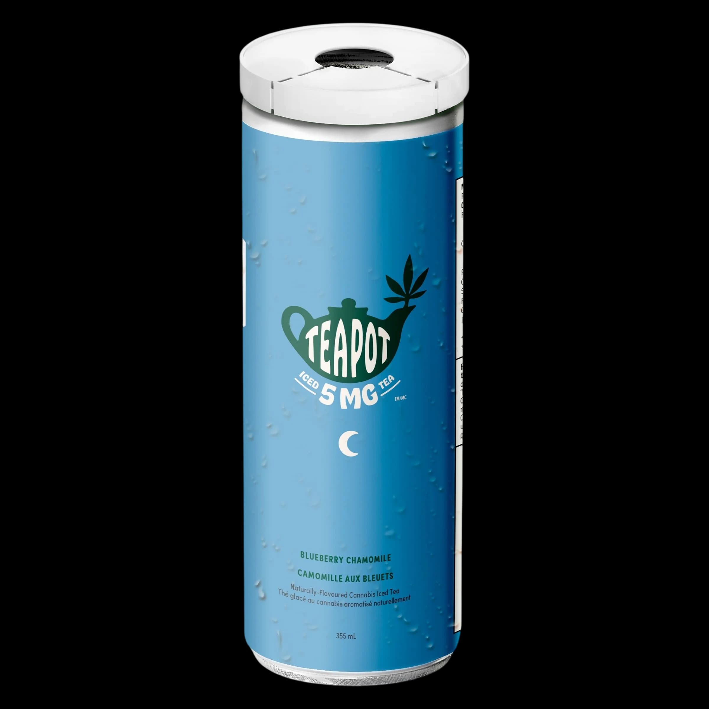Thé glacé au cannabis TeaPot aux bleuets et à la camomille, 355 mL, 5 mg de CBD, canette avec étiquette bleue et couvercle blanc